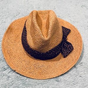 LOFT Tan Straw Hat with Black Polka Dot Ribbon